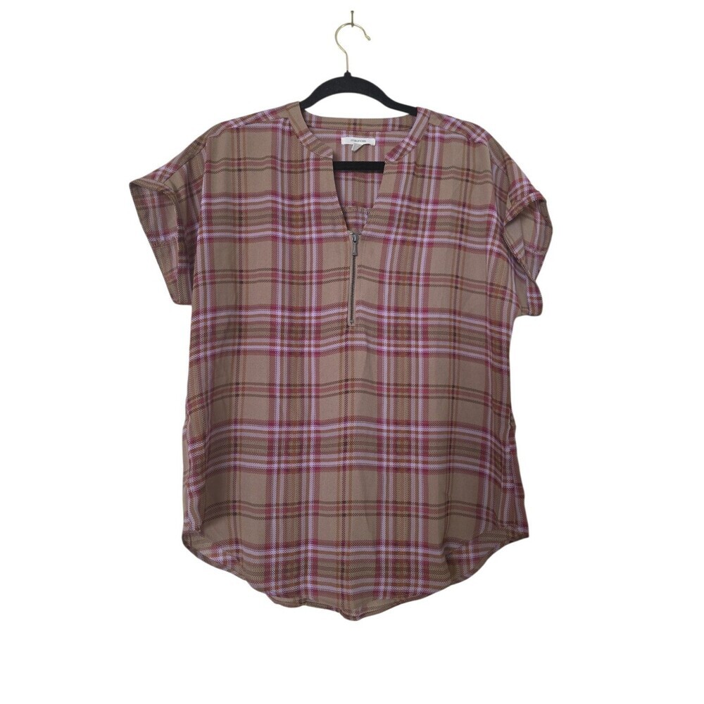 Maurices Tan, Beige & Pink Plaid Short Sleeve Top with Zipper Front Sz Small